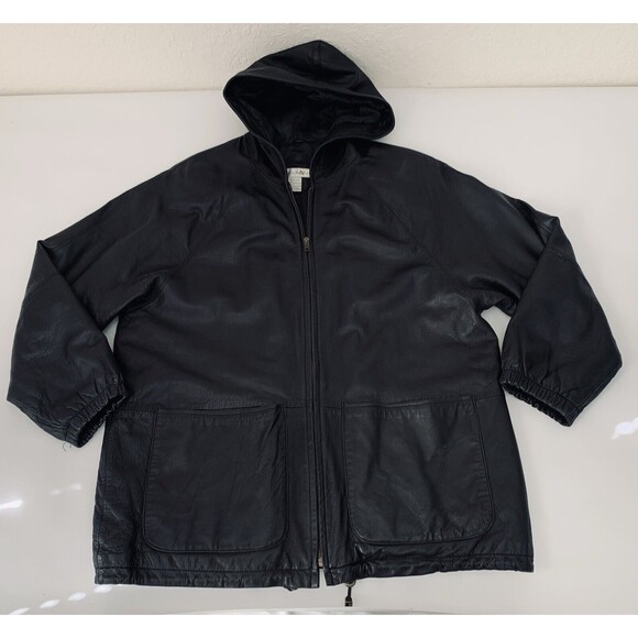 Preswick & Moore Leather Jacket Vintage Womens Large Black Hooded Pockets Cinch - Picture 1 of 14